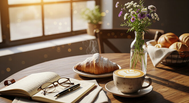 Cozy morning scene: warm sunlight on wooden café table with fresh croissant, latte art cappuccino, open notebook with fountain pen, glasses and delicate wildflowers in glass vase. Perfect slow-living