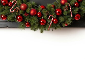 Festive christmas wreath with red ornaments and candy canes isolated on white background