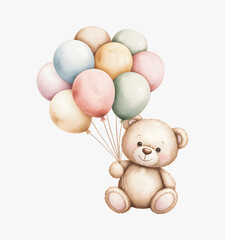 Watercolor teddy bear with colorful balloons for baby birthday party. Cute baby bear illustration holding balloons in soft pastel tones.