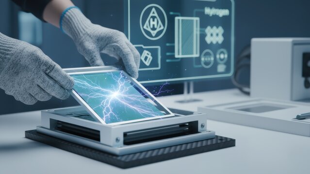 Hydrogen Fuel Future Energy Innovative technology display with hands working on a digital device in a modern lab environment.