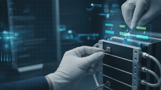 Hydrogen Fuel Future Energy Technician working on high-tech equipment with digital interfaces and data visualization.