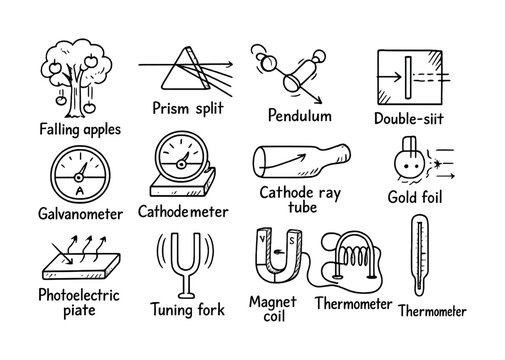 Vector Illustrations of physics concepts: falling apples, prism split, pendulum, and more