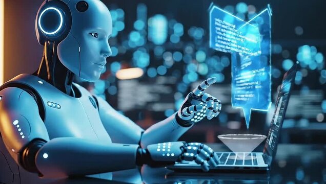 Advanced AI robot interacting with futuristic holographic code interface, symbolizing technological innovation and digital transformation
