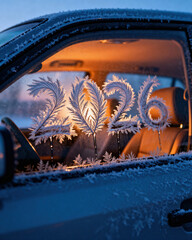 Frosted car window with ice crystals forming the year showing the interior and blue sky outside