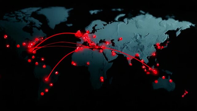 An intricate visualization of global connections, depicting a stylized world map illuminated by vibrant red nodes that represent key locations and pathways, showcasing the complexity of interconnected