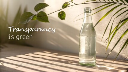 Clear glass bottle of water with leaf and sunlight backdrop