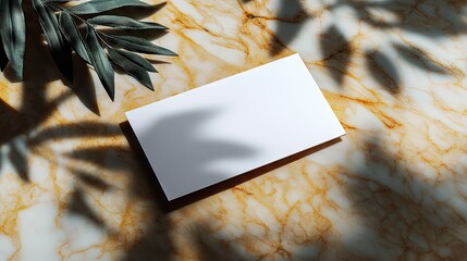 Elegant Blank Business Card on Stylish Marble Surface with Leaf Shadow Accents for Creative Design Mockups and Branding Presentations