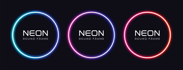 Three glowing neon oval frames with the word neon inside each in blue pink and red on a dark background