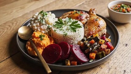 Delicious roasted chicken dinner with fluffy rice, creamy mashed potatoes, and fresh greens, perfect for any occasion