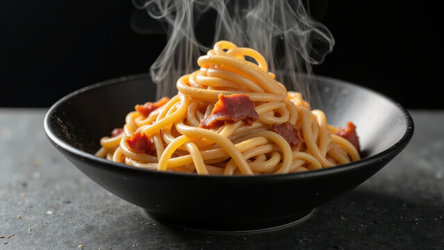 Steaming pasta with bacon in black bowl creates delicious and inviting dish. aroma and warmth evoke comfort and satisfaction