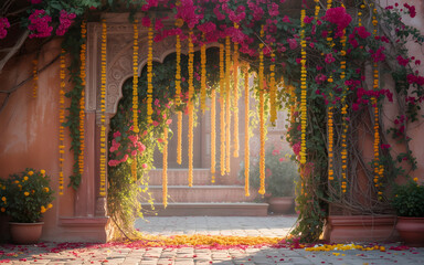 Festive Indian Courtyard Backdrop with Floral Stone Archway, Marigold Garlands, Rangoli and Spring Celebration Decor