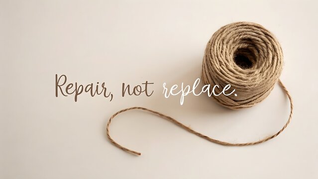 Jute twine coil with repair quote on a neutral background