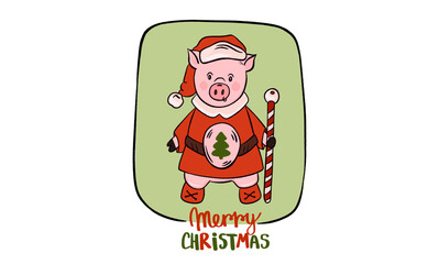 Funny cartoon pig holding a Merry Christmas sign, hand-drawn in a cute and playful style. Perfect holiday clipart for greeting cards, stickers, kids’ designs, Christmas projects, and digital decor.