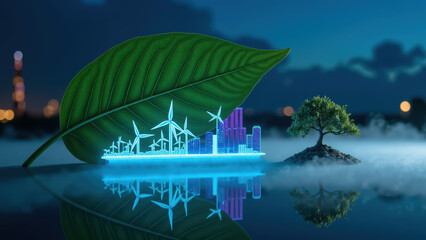 Innovative cityscape with wind turbines, green leaf, and tree, symbolizing sustainability and eco friendly technology