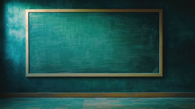 Empty Chalkboard in Classroom Setting with Wooden Frame Against Dark Green Wall and Floor in a School Environment