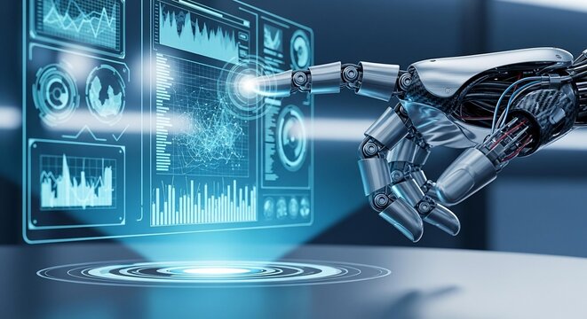 Robotic hand touching holographic interface, Close up - Powered by Adobe
