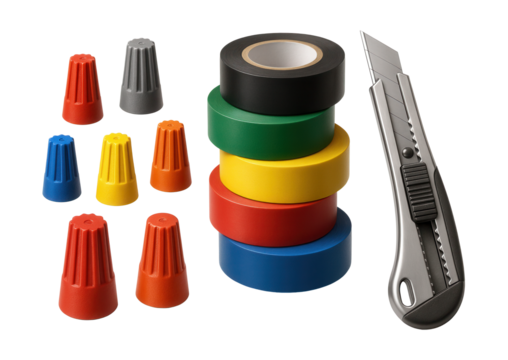 Electrical repair kit with wire nuts, tape, and a utility knife for cottage fixes.