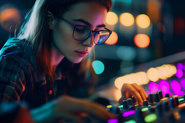 Professional sound engineer adjusting audio mixer in music production studio with vibrant neon lights generative ai