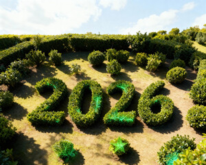 Aerial view of topiary garden with the year two thousand twenty six spelled out in green bushes and hedges