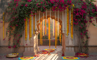 Festive Indian Courtyard Backdrop with Floral Stone Archway, Marigold Garlands, Rangoli and Spring Celebration Decor