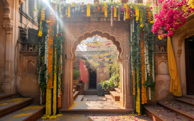 Festive Indian Courtyard Backdrop with Floral Stone Archway, Marigold Garlands, Rangoli and Spring Celebration Decor