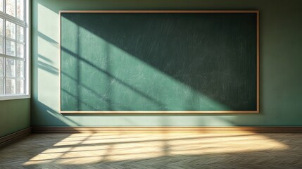 Empty Classroom Scene with Green Chalkboard and Sunlight Streaming Through Windows on Wooden Floor Creating Beautiful Shadow Patterns
