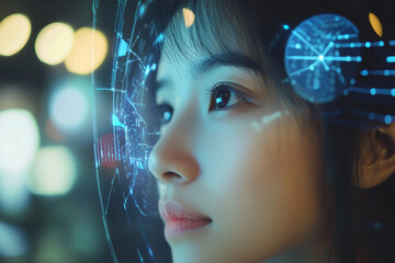 Interacting with digital holographic interface in futuristic virtual space innovation scene, generative ai