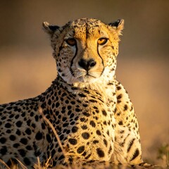 Close-up of a cheetah resting in dry grass, looking directly at camera