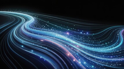 Dynamic light trails creating an energetic data flow pattern on a dark background