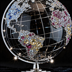 Close up of a decorative globe with continents made of colorful gems and a shiny silver stand
