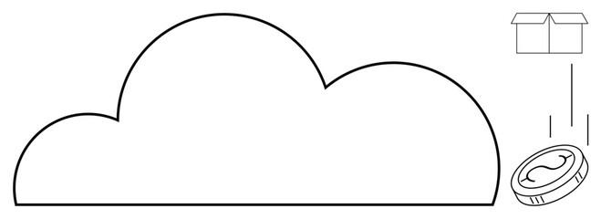 Cloud outline, coin dropping and box symbolizing savings, logistics, innovation. Ideal for technology, finance, e-commerce, investment, cloud computing digital transactions simple flat metaphor