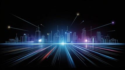 Futuristic city skyline with glowing lines and light trails representing data flow and modern communication
