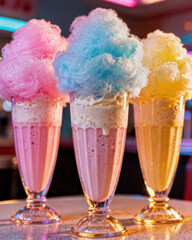 Three colorful milkshakes with cotton candy toppings on a reflective surface in soft lighting