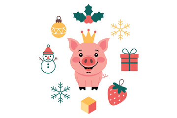 Naklejka premium A cartoon pig wearing a crown surrounded by festive Christmas and winter icons.