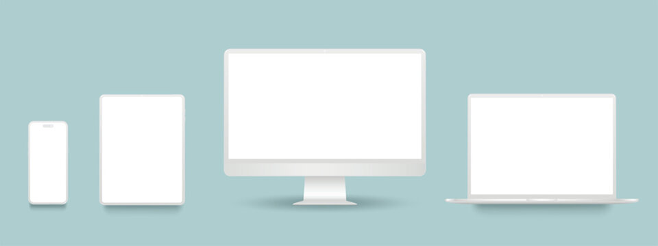 White clay digital devices set, pc screen, laptop computer, tablet and smartphone