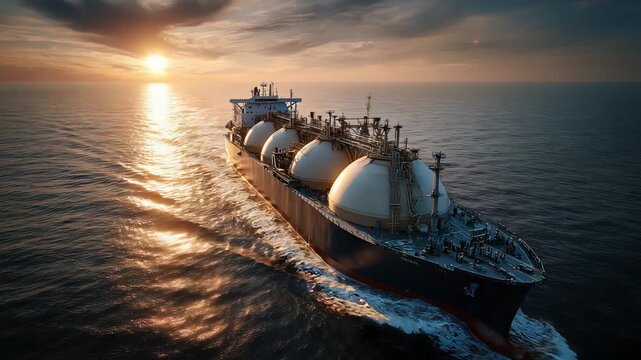 Maritime vessel moving during sunrise against glowing skyline horizon