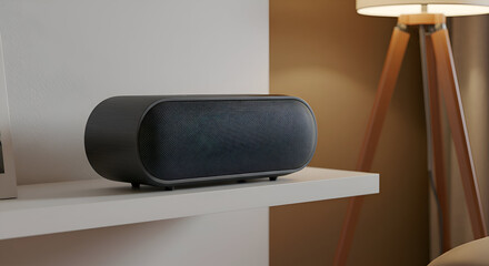 Black oval speaker on a white shelf in a modern home. Stylish audio device resting on a shelf, with a soft-lit, warm-toned background.