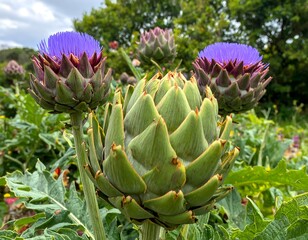 Fototapeta premium Close-up of artichoke plants with vibrant purple and green blooms