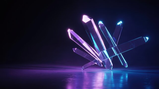 Geometric crystal formation glowing with vibrant neon purple and blue light on a dark background