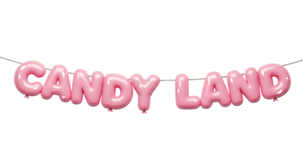 Candy land pink balloon letters spelling the words isolated on transparent background for a party or celebration event