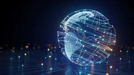 Global network connection with glowing lines around a planet earth hologram on a dark background