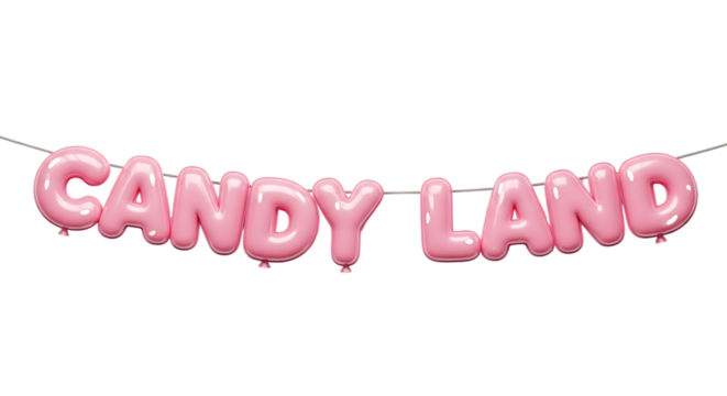Candy land pink balloon letters spelling the words isolated on transparent background for a party or celebration event