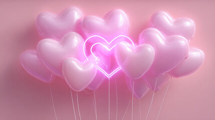 Pink heart balloons clustered together, with a neon heart in the center