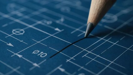 Mechanical blueprint drawing with pencil tip marking precise lines for consulting engineering design and technical plan mechanical drawing