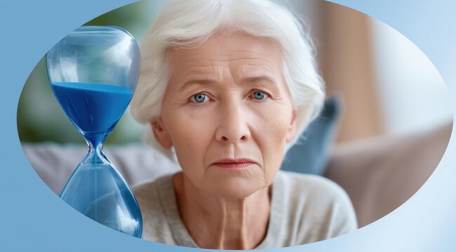 Concerned Senior Woman with Hourglass Timer