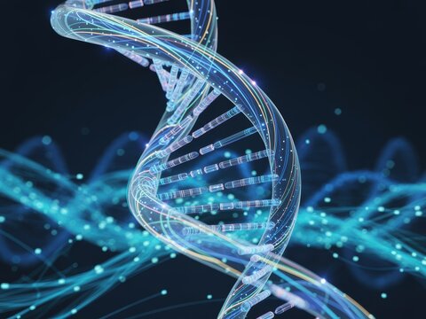 Glowing DNA double helix structure with data flow lines and particles on a dark background