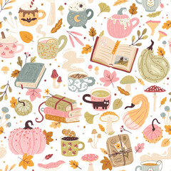 Autumn seamless pattern with books, various cozy hot drinks in cute cups, pumpkins, mushrooms and leaves. Hand-drawn vector illustrations in cartoon trendy textured pastel style.