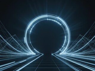 Glowing blue digital portal with light trails expanding outwards on a dark background