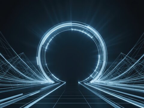 Glowing blue digital portal with light trails expanding outwards on a dark background