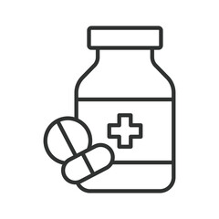 Medicine bottle with pills icon in line design. medicine bottle, pills beside bottle on white background vector. Medicine bottle with pills editable stroke icon
